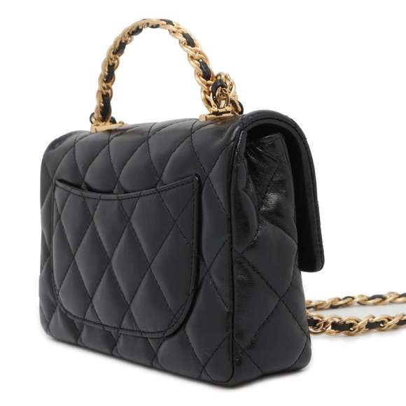Chanel Handle Bag Top Lambskin Black Matelasse Shoulder - Picture 1 of 10